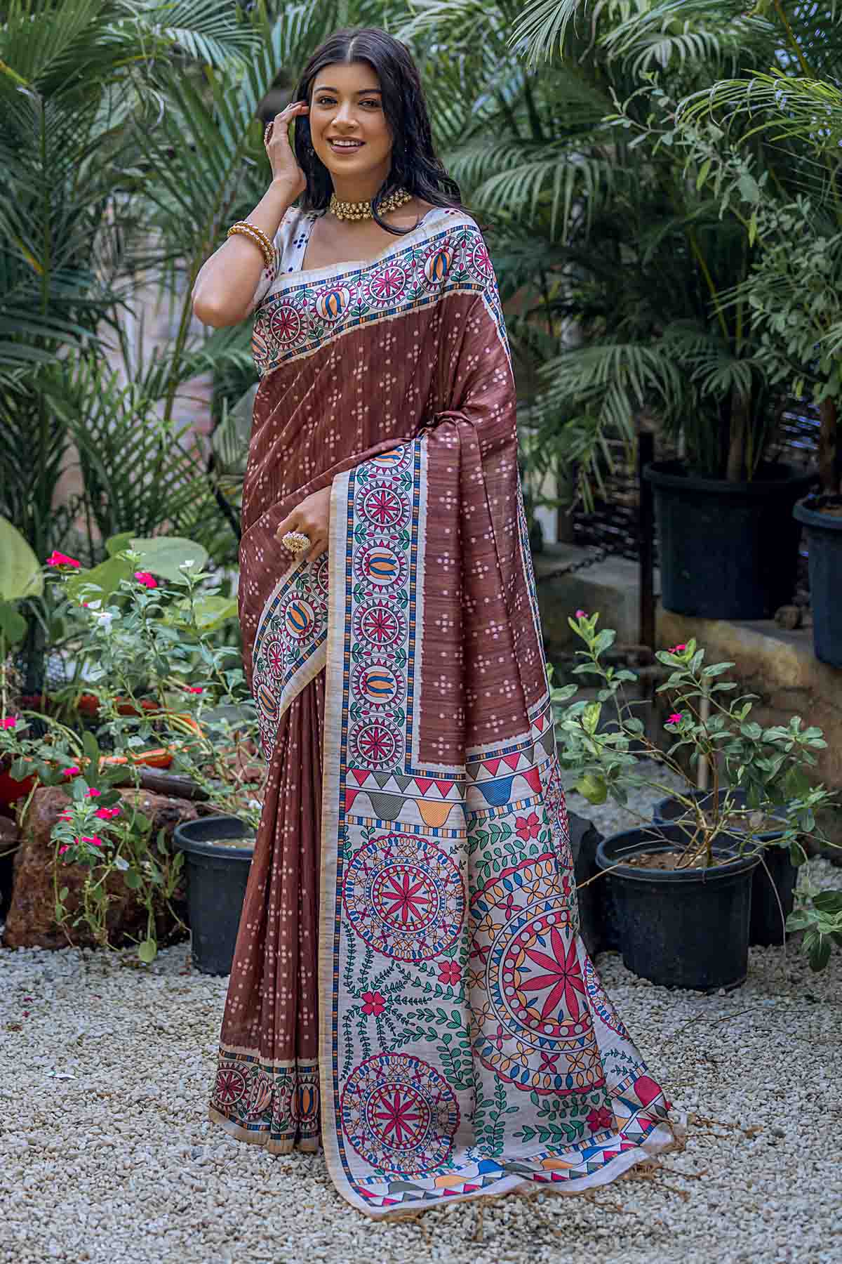 Buy Designer Coffee Madhubani Print Saree Online